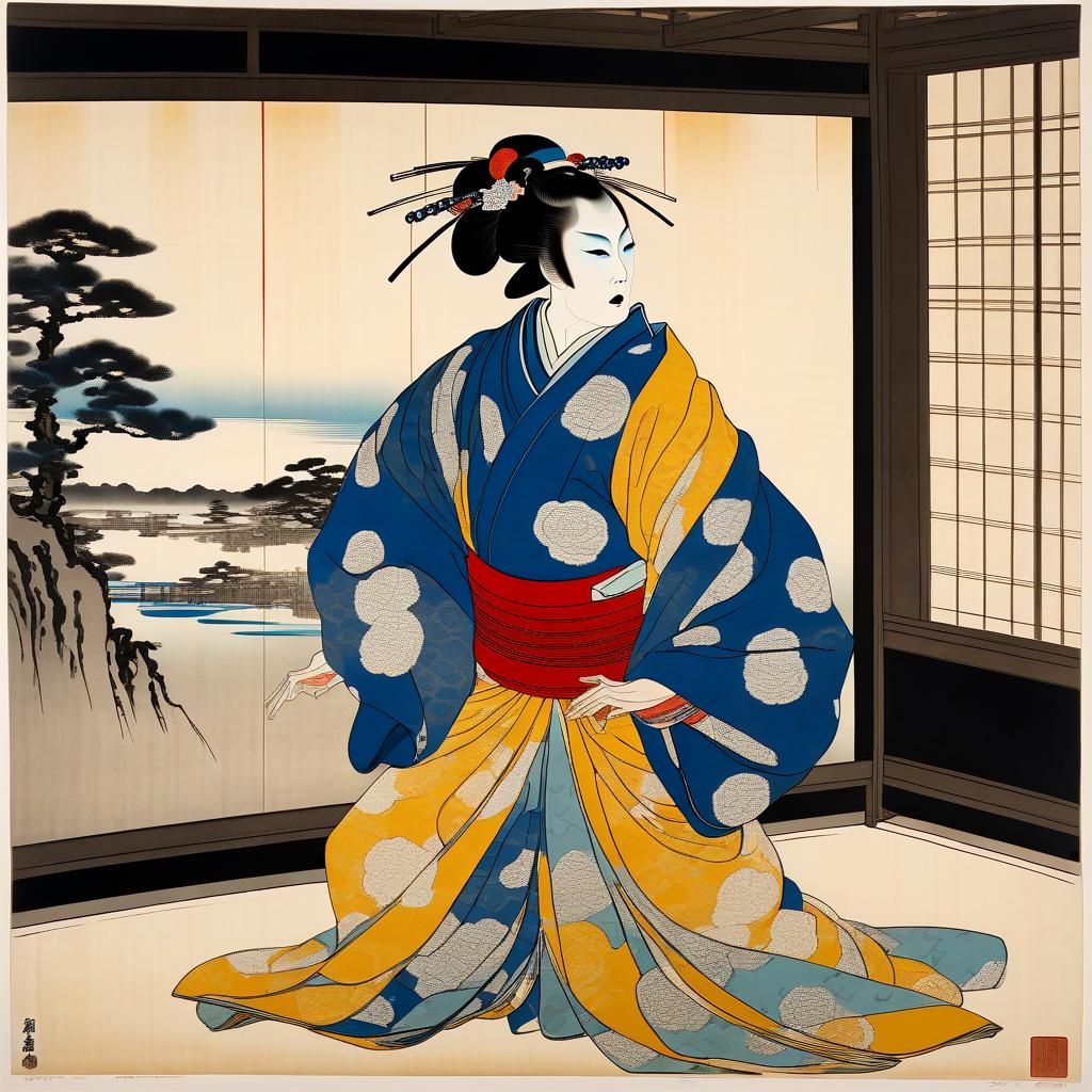 Kabuki Dancer: Woodblock Print in Saturated Colors