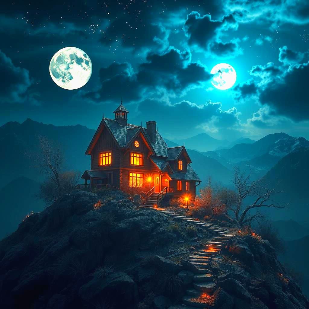 Moonlit House Aerial View in Detailed Fantasy Art
