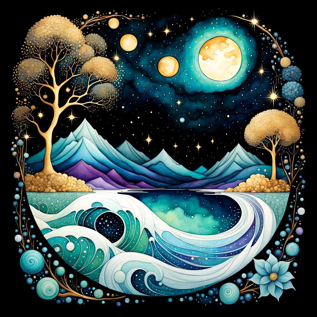 Watercolor Moonscape with Flowers and Mountains