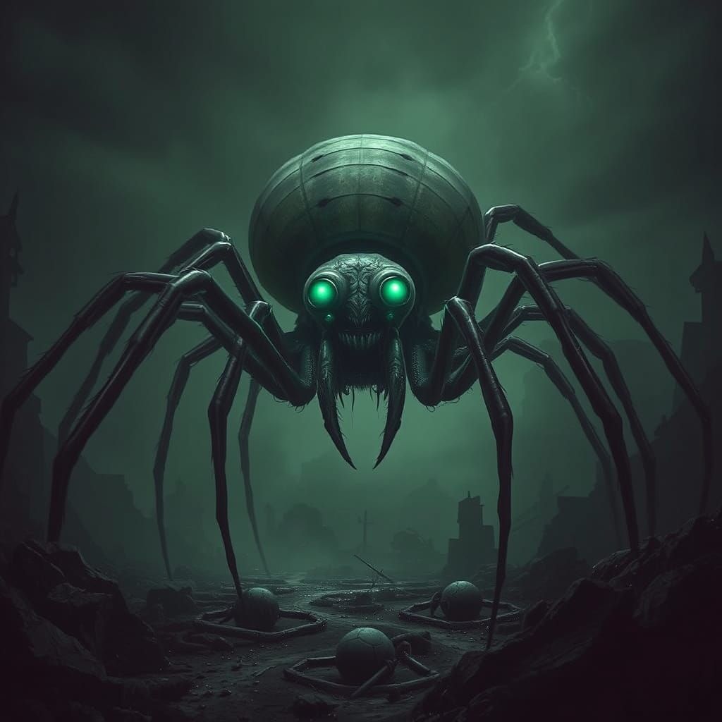 Glowing Spider in Dark Biomechanical Landscape