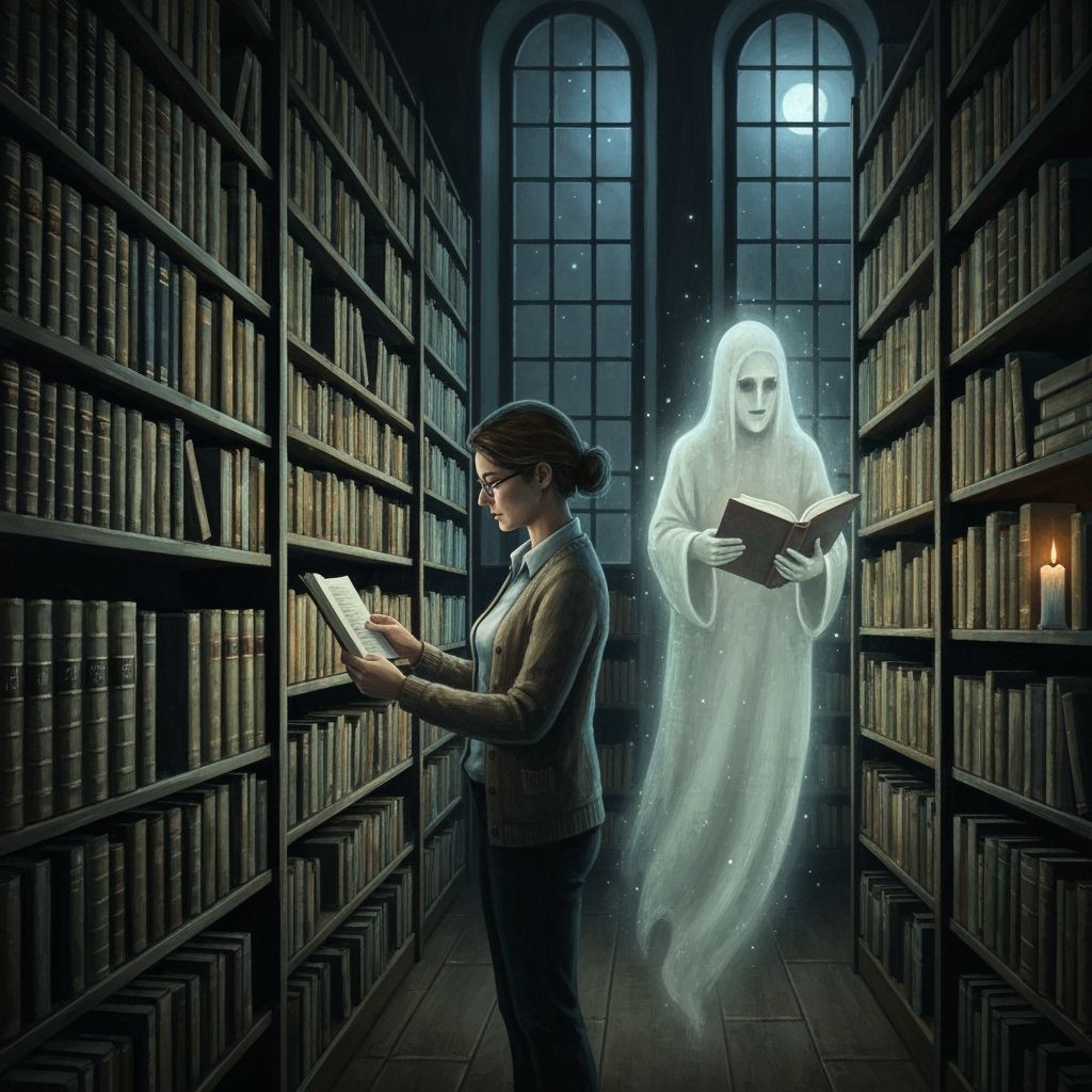 Ghostly Librarian in Dimly Lit Library, Painterly Gothic Sty...