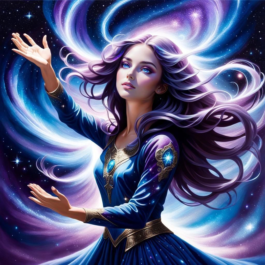 Ethereal Stardust Woman Reaching for Galaxies