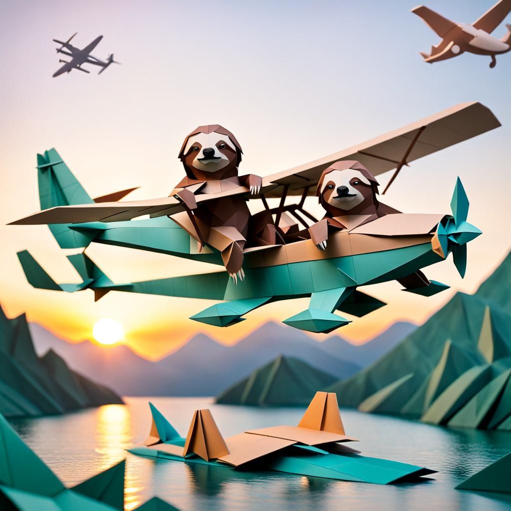 Sloths Boarding Seaplane in Origami Style
