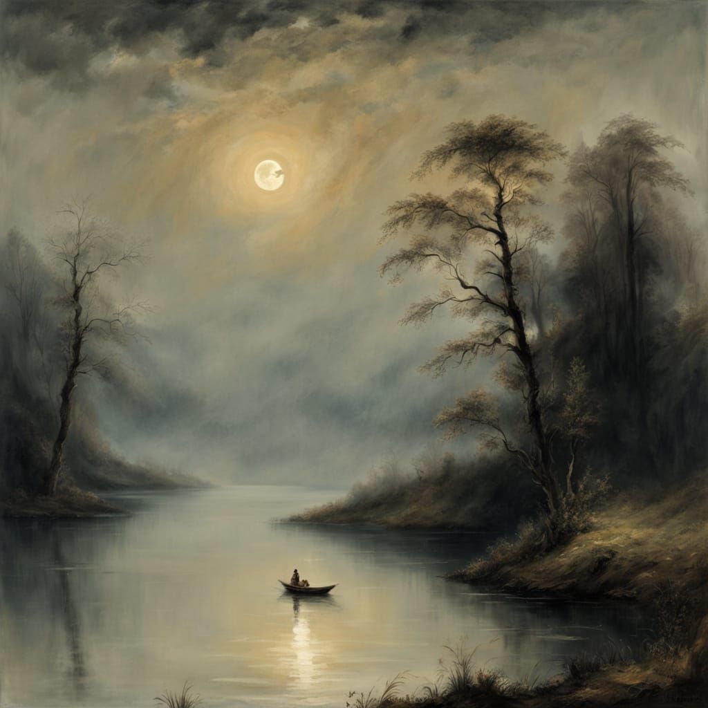 Misty Moonlit Lake Landscape in Romantic Style
