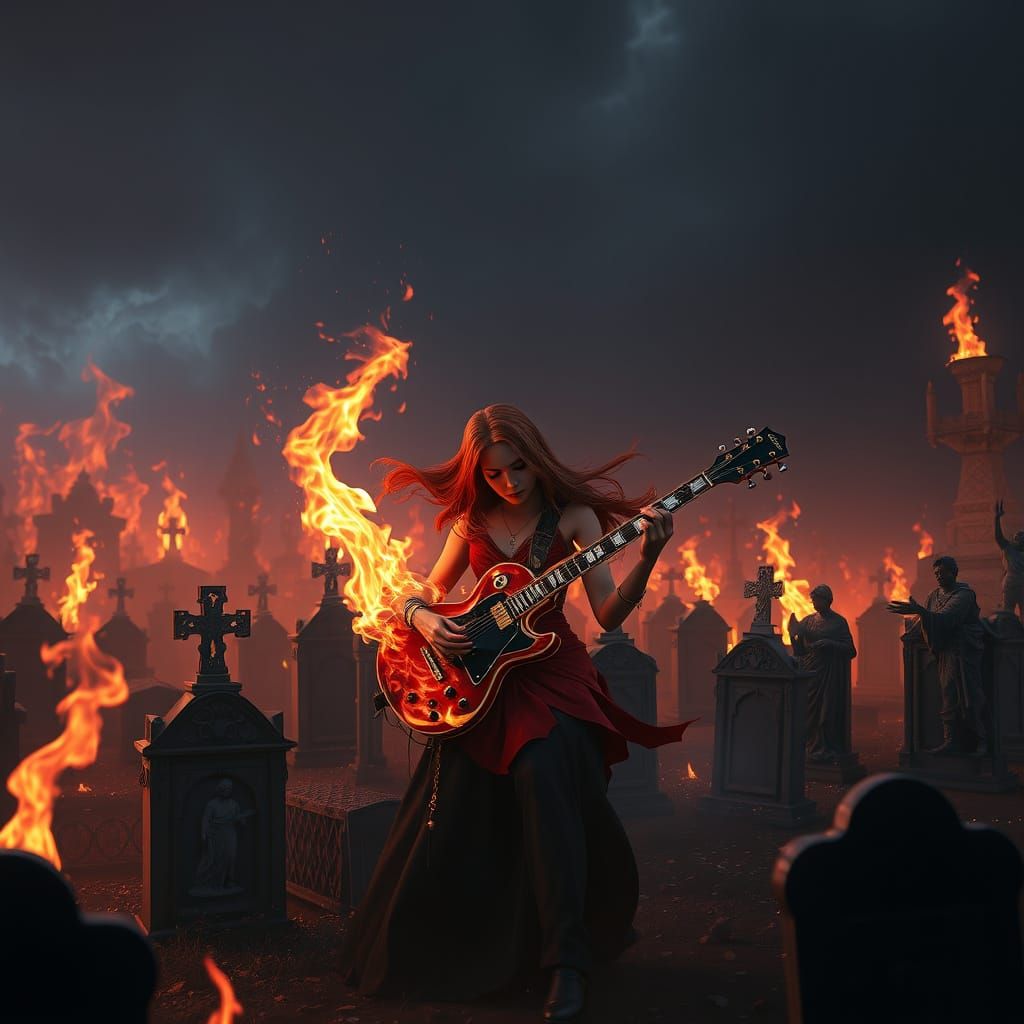 Gothic Fire Goddess Plays Guitar in Inferno Graveyard