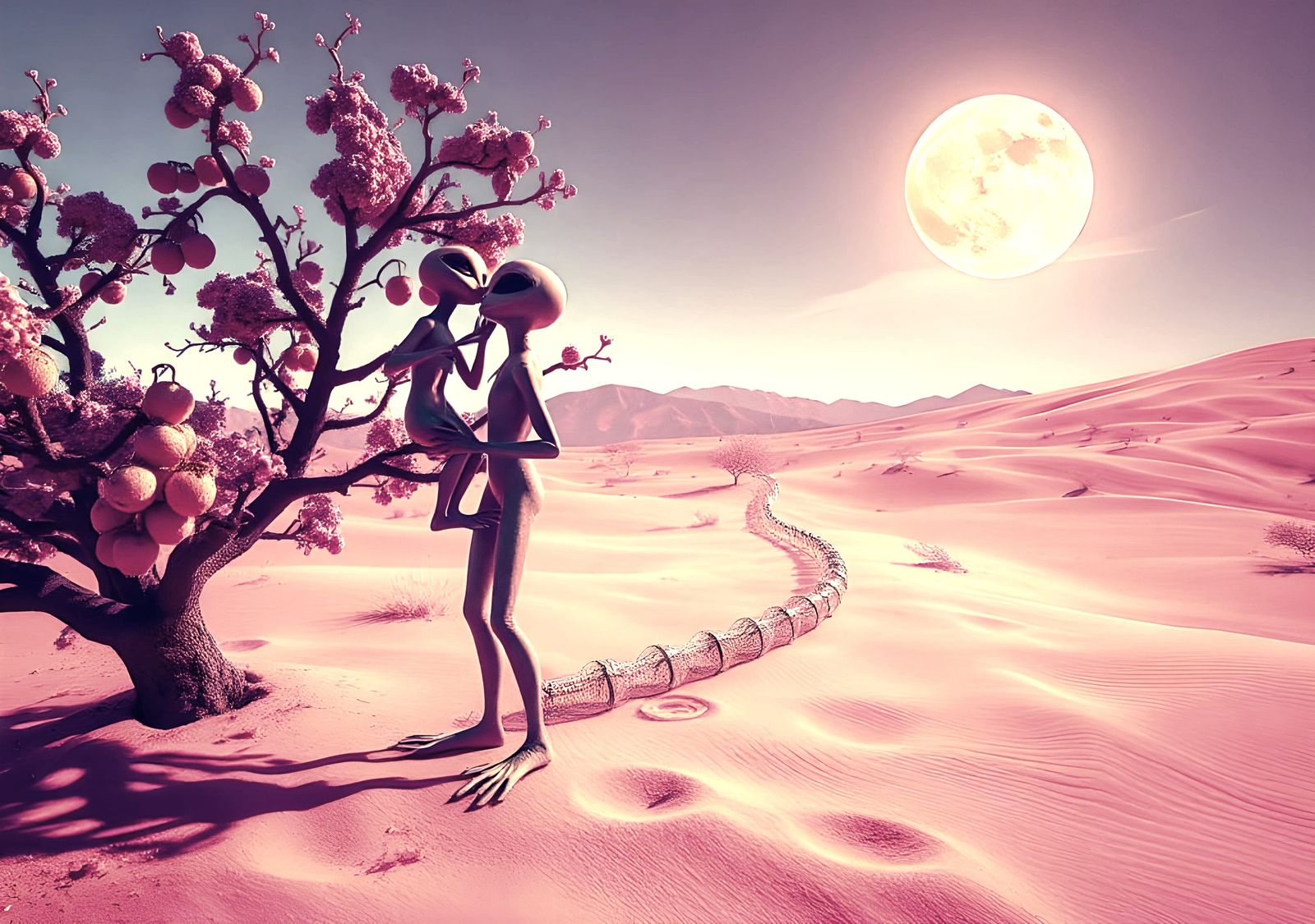 Alien Lovers Kissing Under an Alien Moon