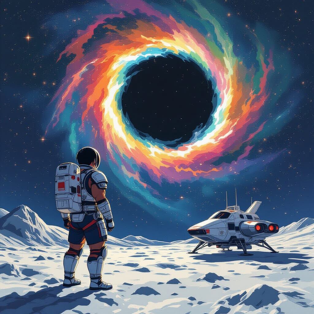 Japanese Soldier Gazes at Nebula Black Hole on Moon