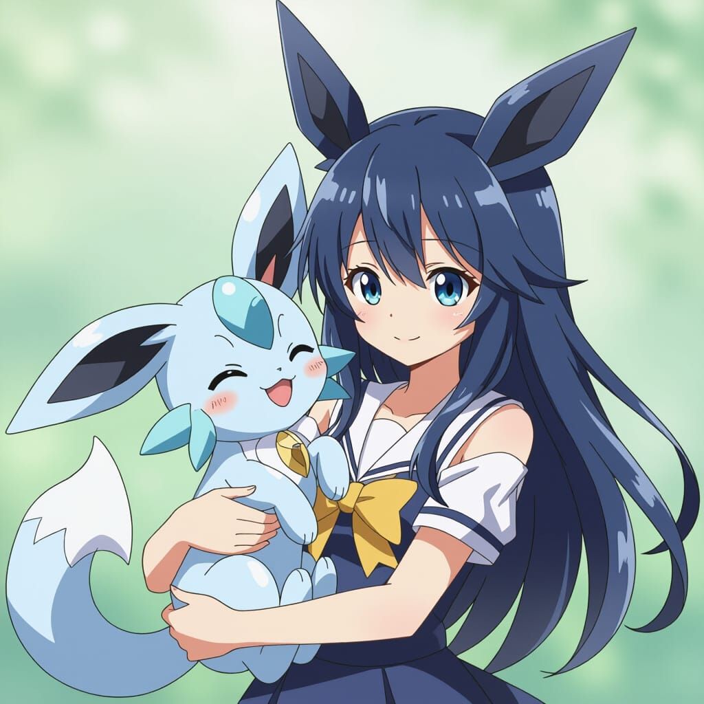 Anime Girl with Sylveon in Pokemon Style