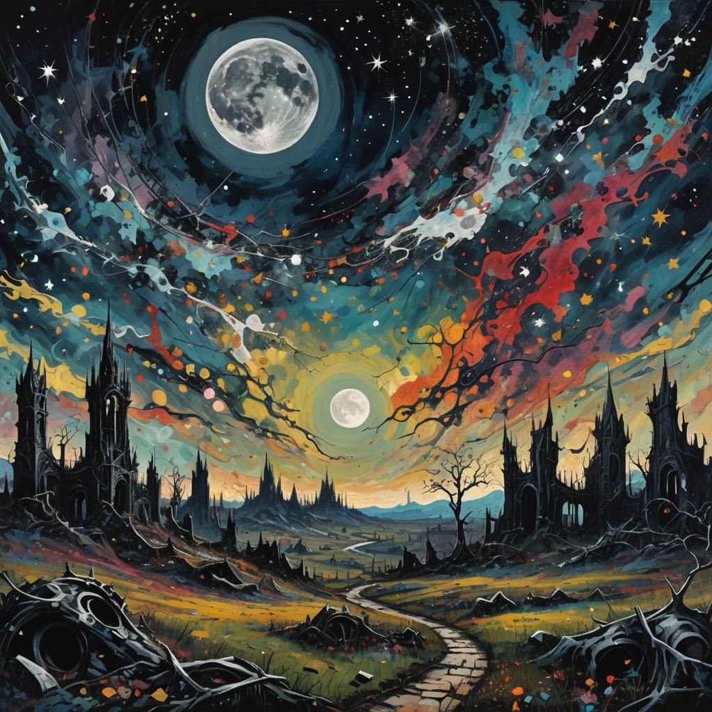 Gothic Cyberpunk Landscape with Silver Moon in Dark Fantasy ...