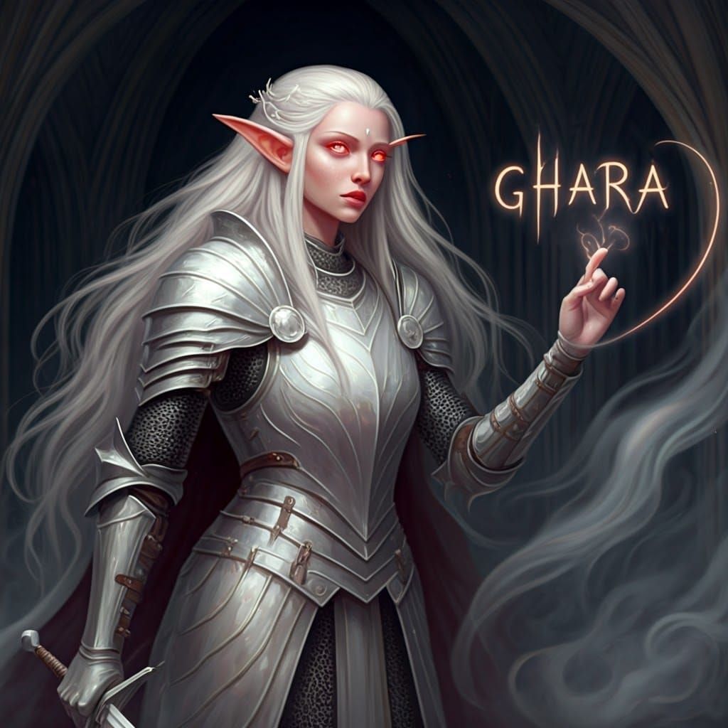 Albino Half-Elf in Silver Armor Writes in Air