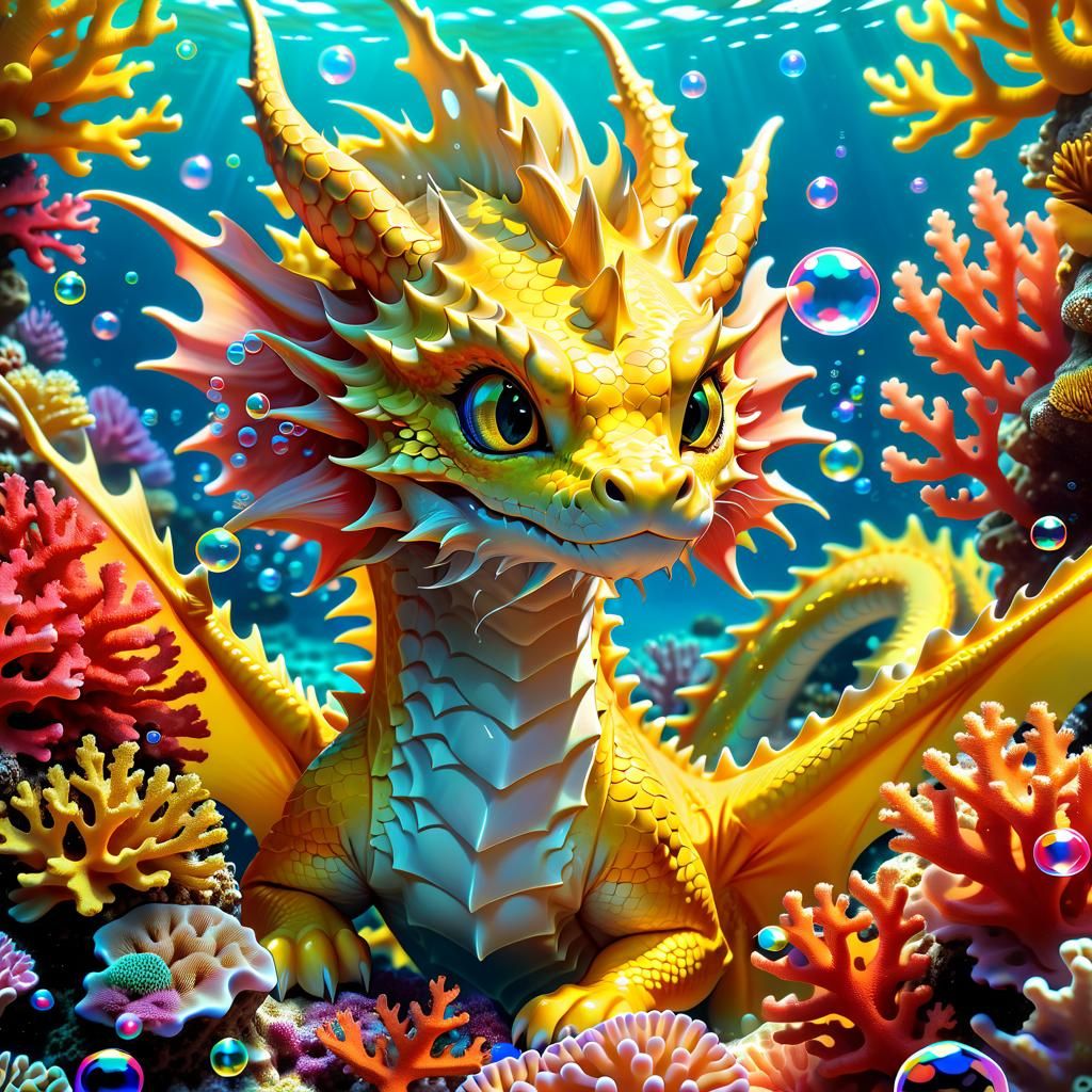 Anime-Style Yellow Coral Dragon in a Coral Reef