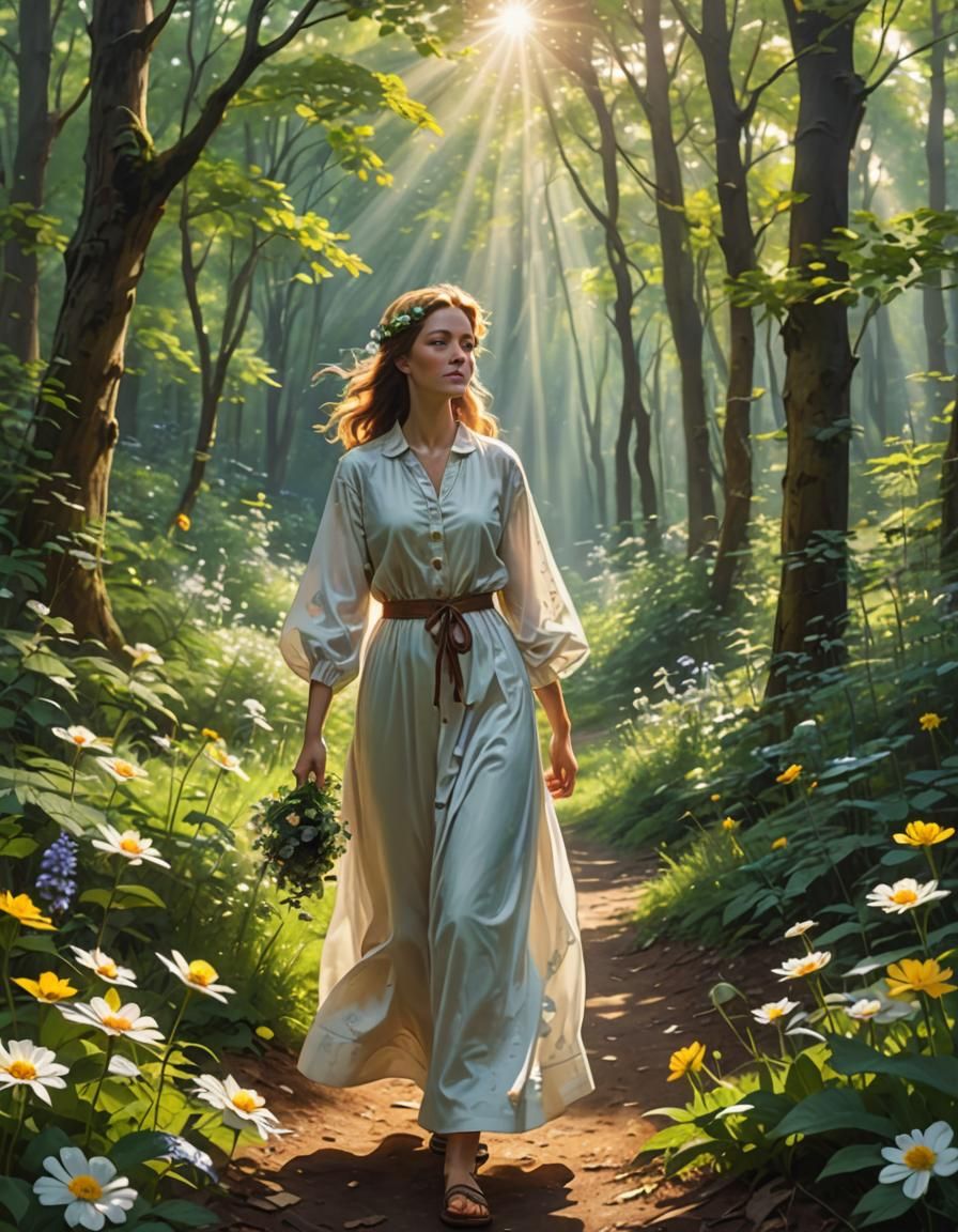 Lady in Forest with Blooming Flowers and Sunshine