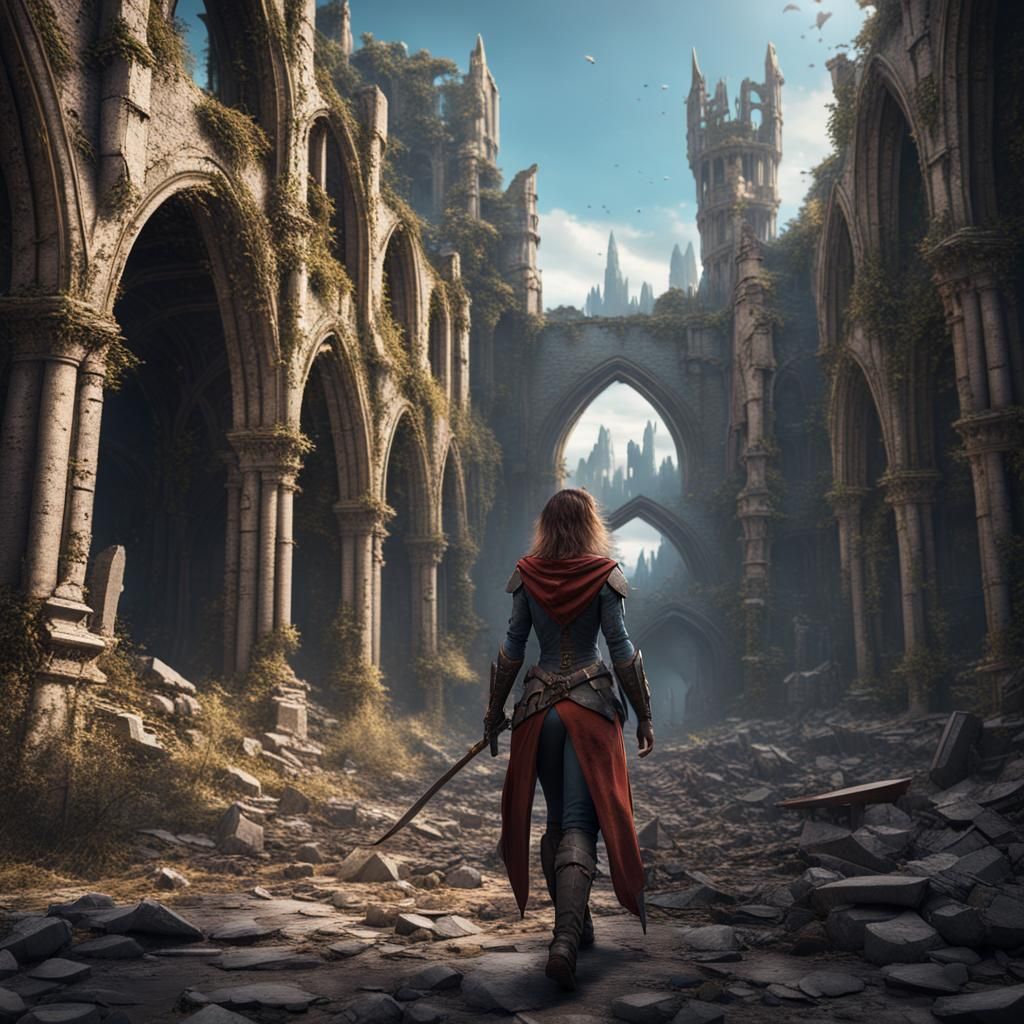 Medieval Adventurer in Ruined City: Fantasy Art