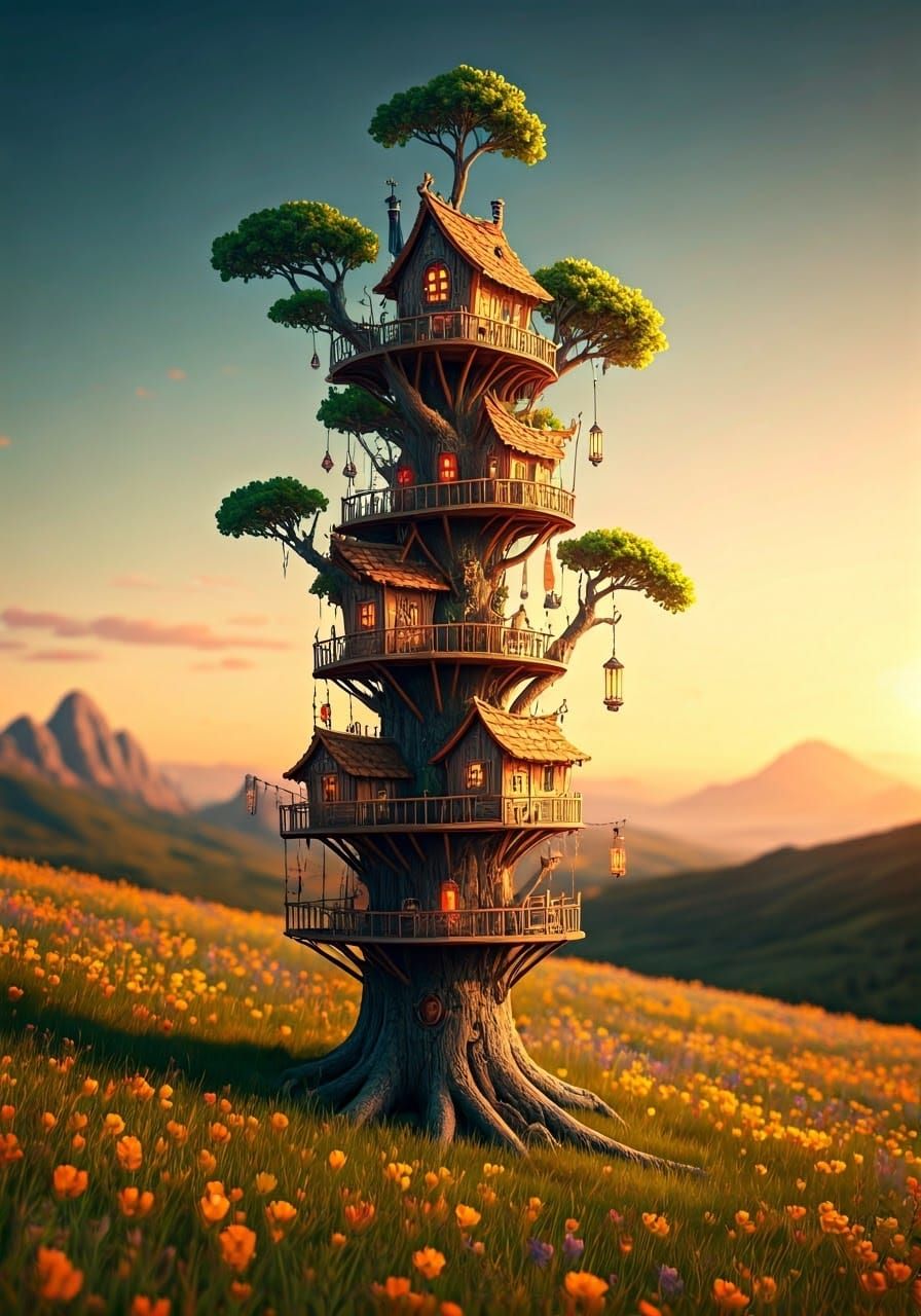 Enchanted Treehouse Tower in Impressionistic Style