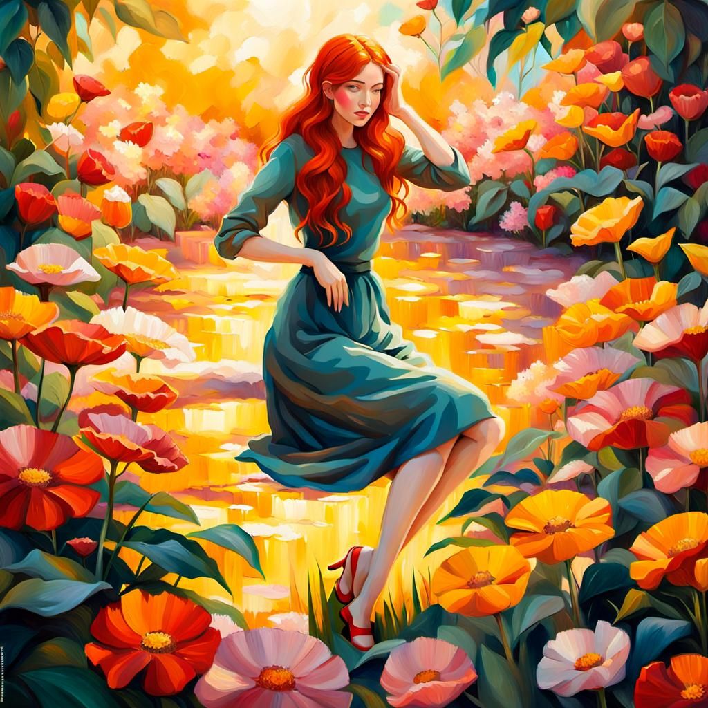 Redhead Girl in Lush Garden Oil Painting