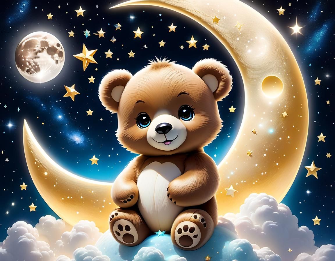 Cute Chibi Bear Cub on the Moon