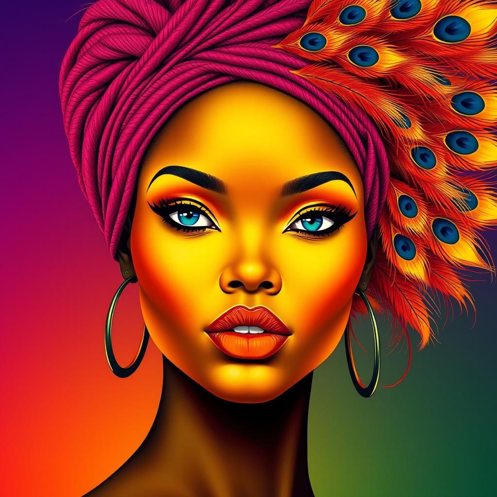 Vibrant African Woman with Peacock Feathers: Surreal Portrai...