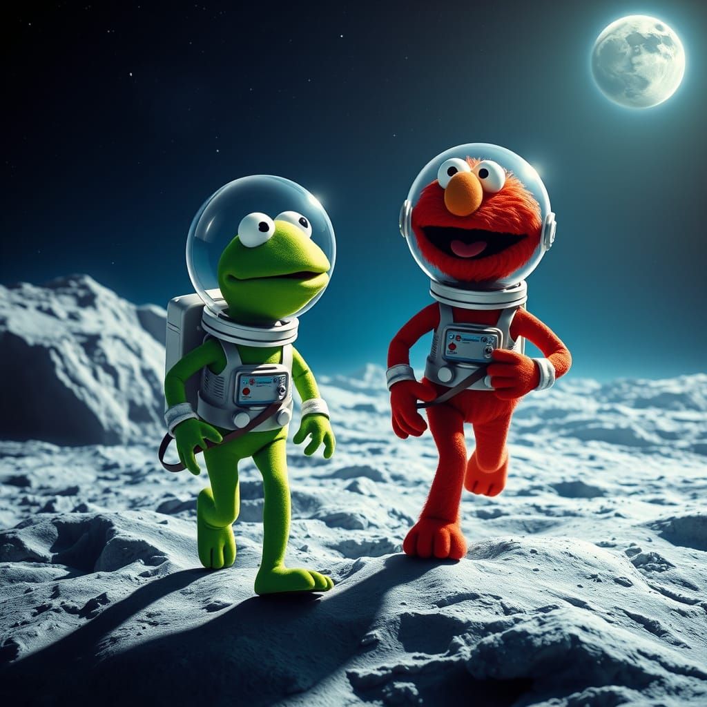 Kermit and Elmo Walk on the Moon
