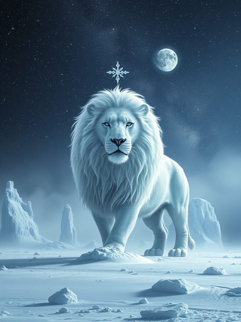 Majestic White Lion in Arctic Blizzard with Intricate Ice Sh...