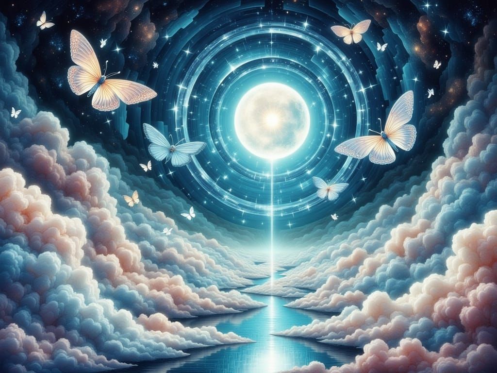 Surreal Crystalline Butterflies Over Floating Islands