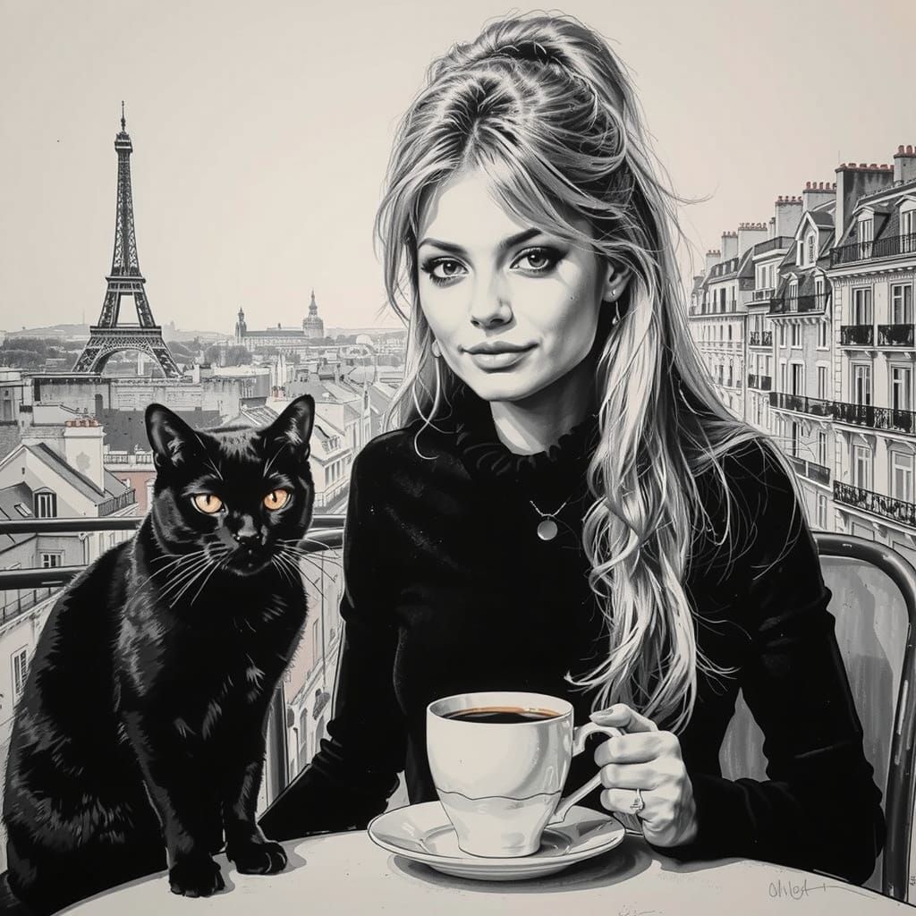 Minimalist Surreal Sketch of Woman with Cat