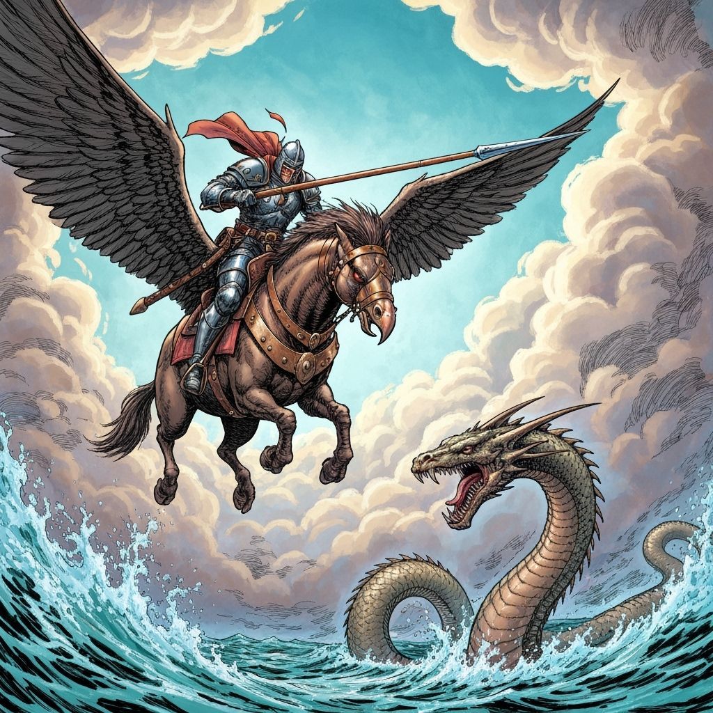 Knight on Hippogriff Jousting Sea Dragon