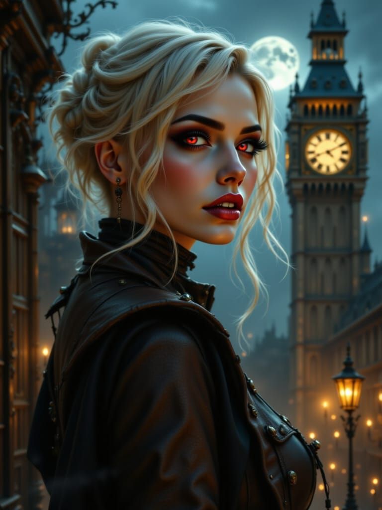 Steampunk Vampire Woman by Clock Tower at Night