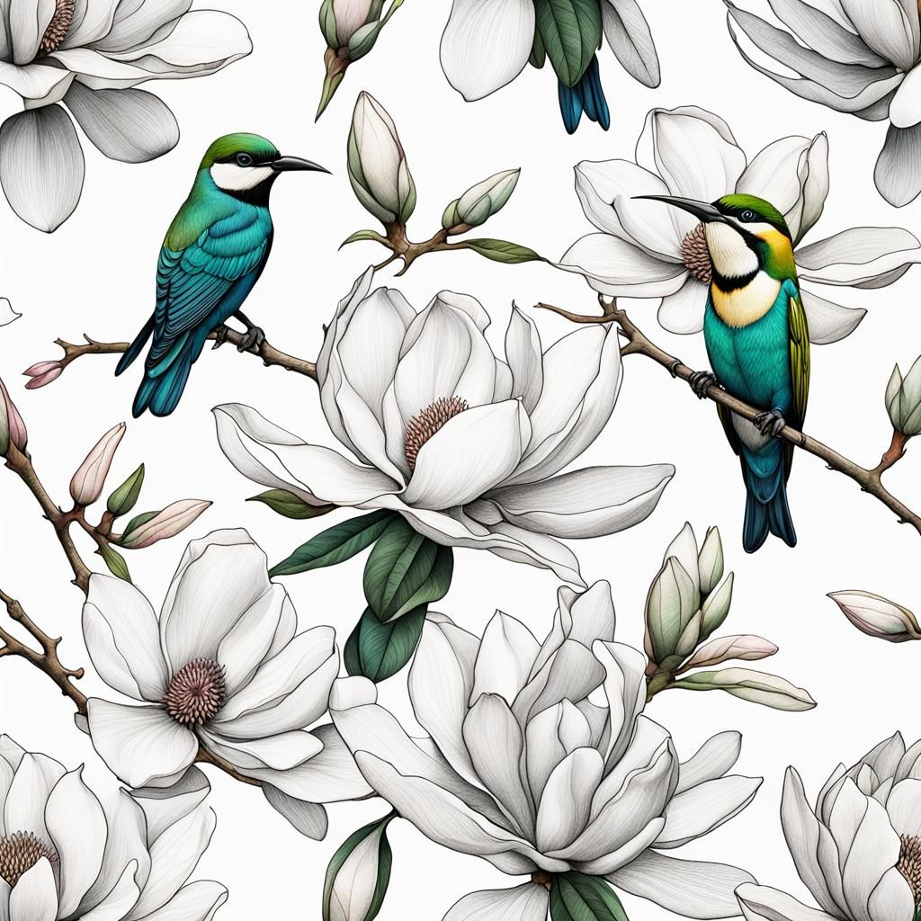 Magnolia Blossoms and Honeybee Eater in Botanical Ink