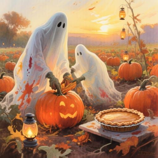 Ghosts Harvest Pumpkins and Bake Pies in Autumn Watercolor