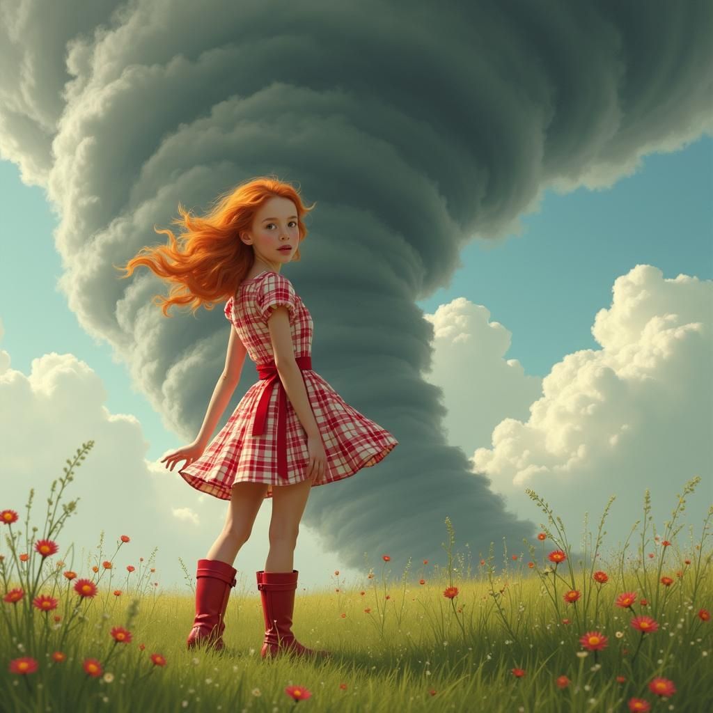 Gingham Girl and Tornado, in Rockwell Style