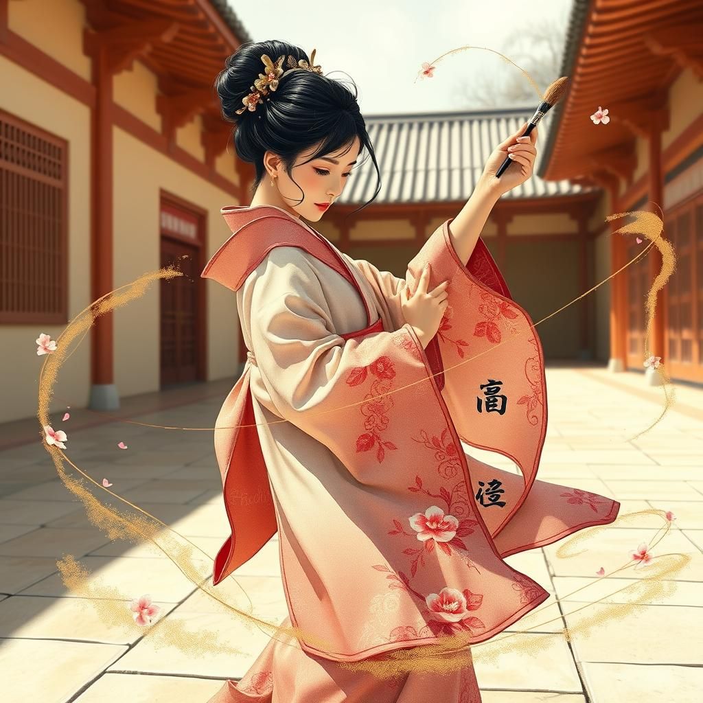 Japanese Princess Dancing Calligraphy in Shinto Shrine