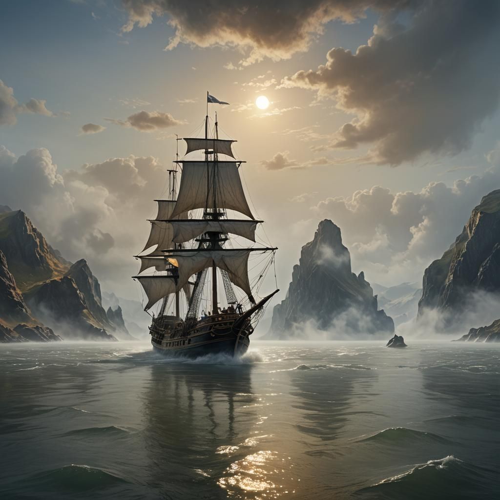 Sailing Ship Emerges from Fog, Romanticism Style