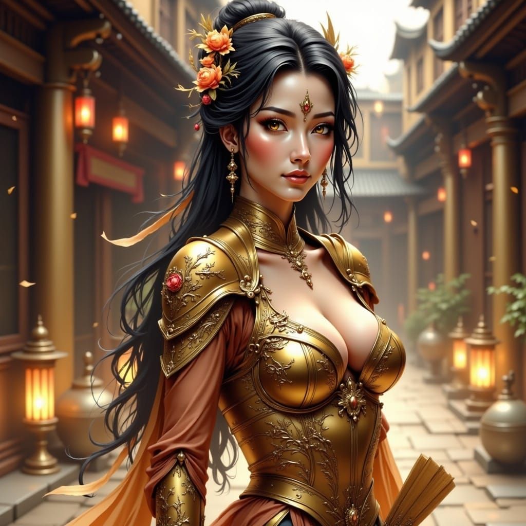 Golden Armored Noble in Palace Courtyard