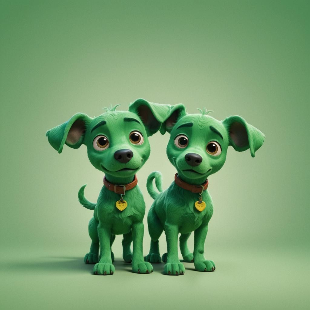 Two-Headed Green Dog: Pixar-Style 3D Digital Art