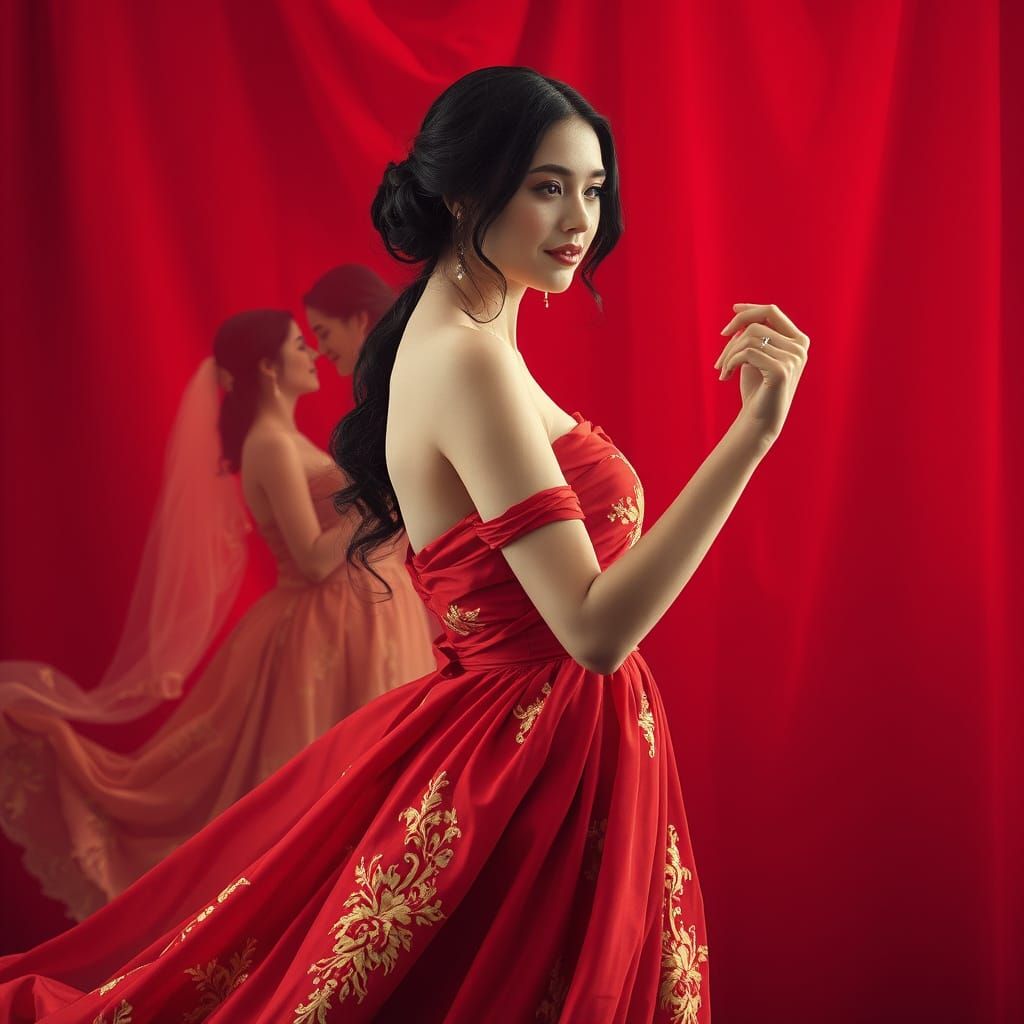 Ethereal Lady in Crimson Velvet Gown