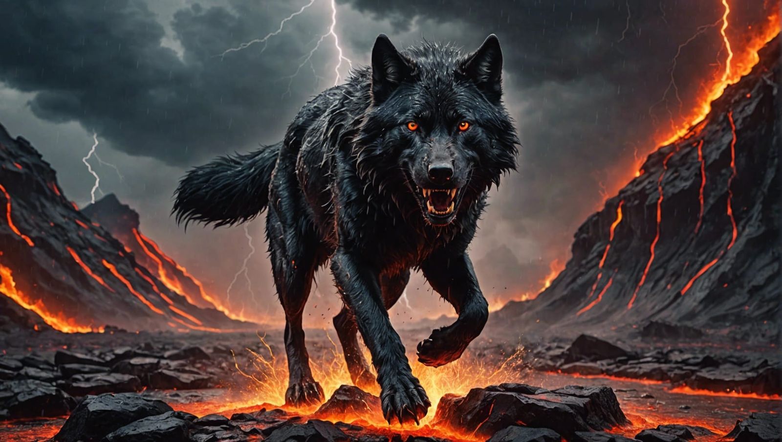 Terrible black wolf, with aggressive look, red eyes full of ...
