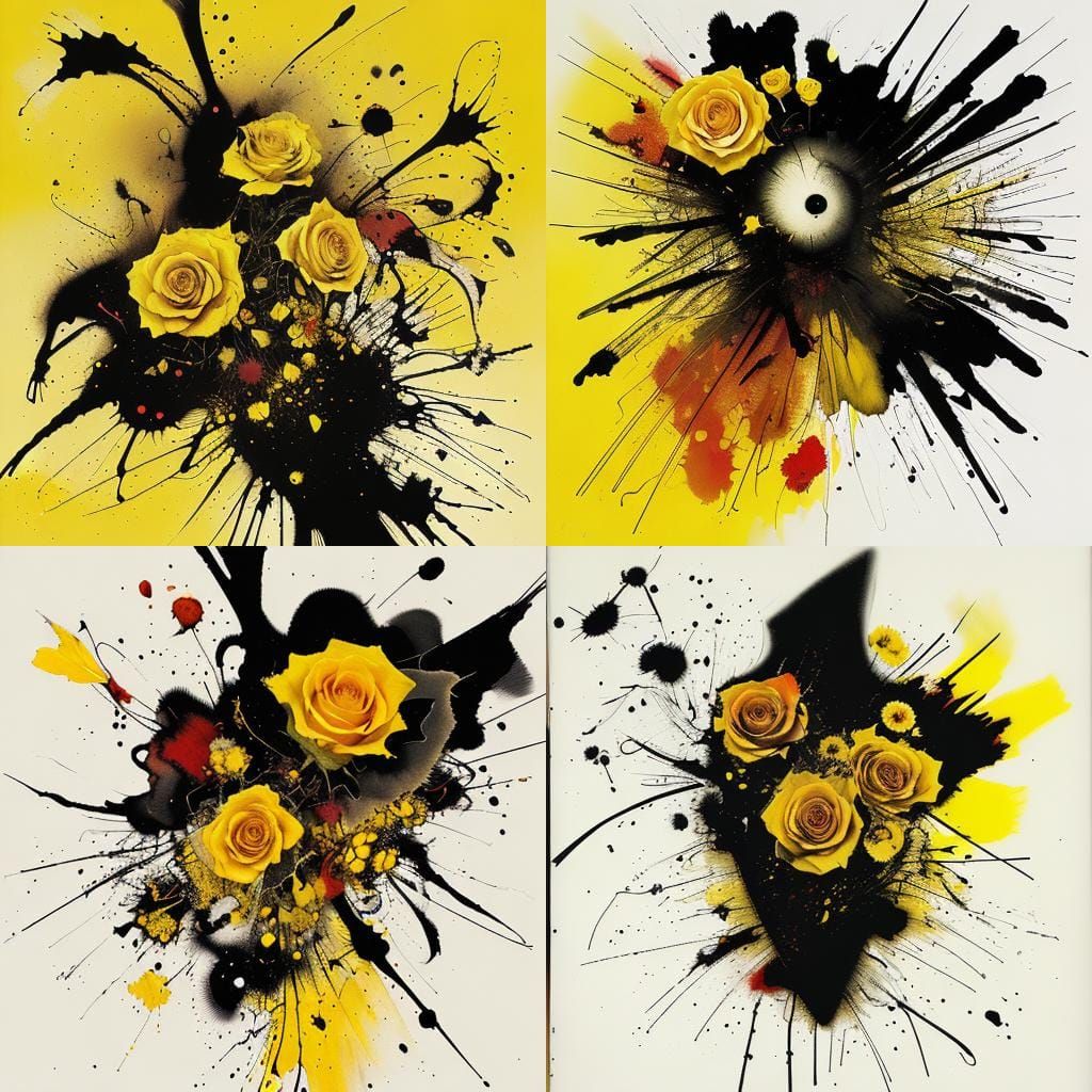 Abstract Yellow Rose Autumn Art in Ink Splatter Style