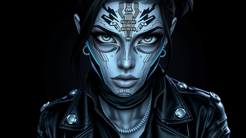 Cyberpunk Woman Portrait with Tattoos and Metallic Implants