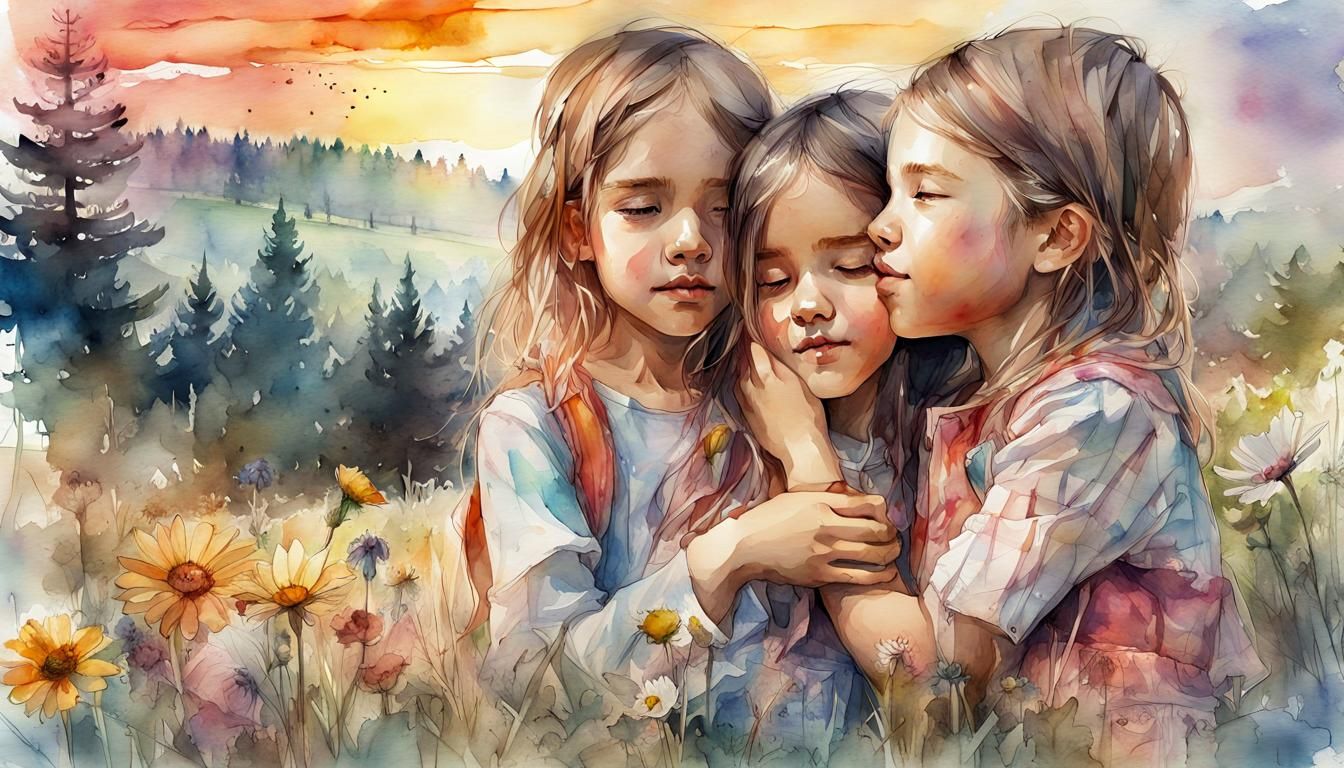 Watercolor Siblings in Fantasy Sunset Landscape