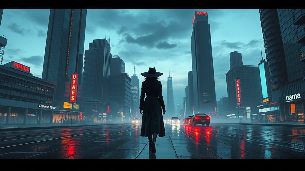 Gritty Futuristic Cityscape with Lone Figure in Dark Coat