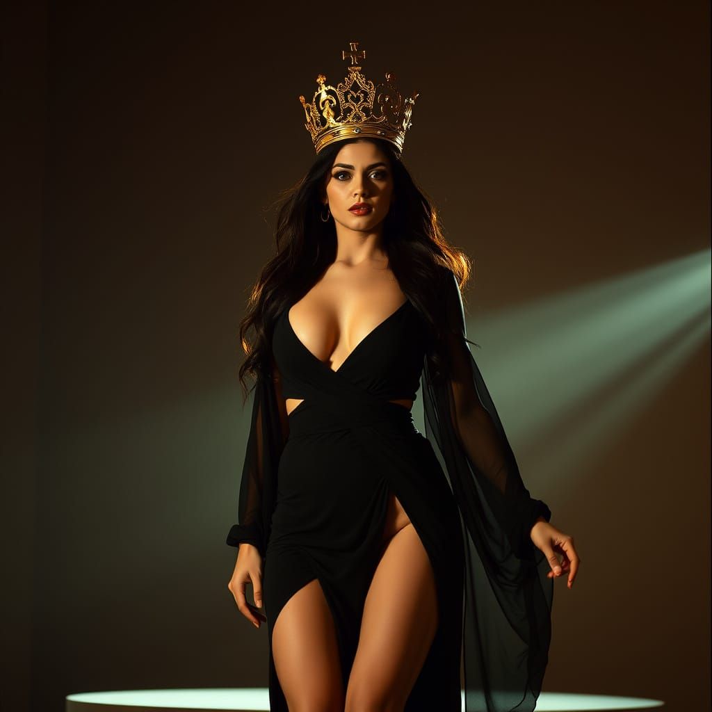 Glamorous Woman in Black Dress with Gold Crown