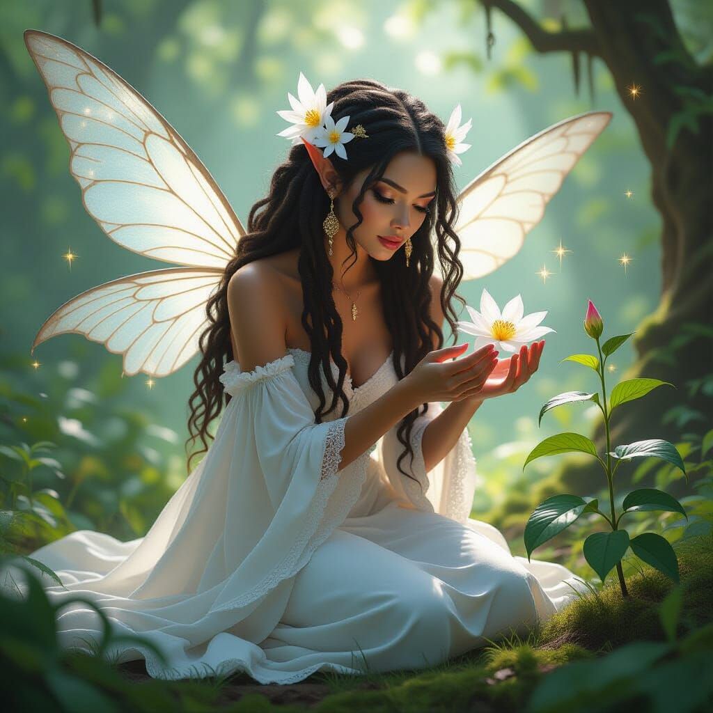 Black Fairy in White Dress Picking Flower in Forest
