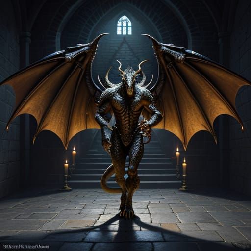 Majestic Medieval Dragon in Gothic Castle Courtyard