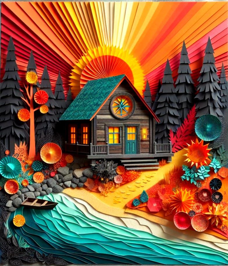 Maximalist Paper Collage Forest Cottage with River