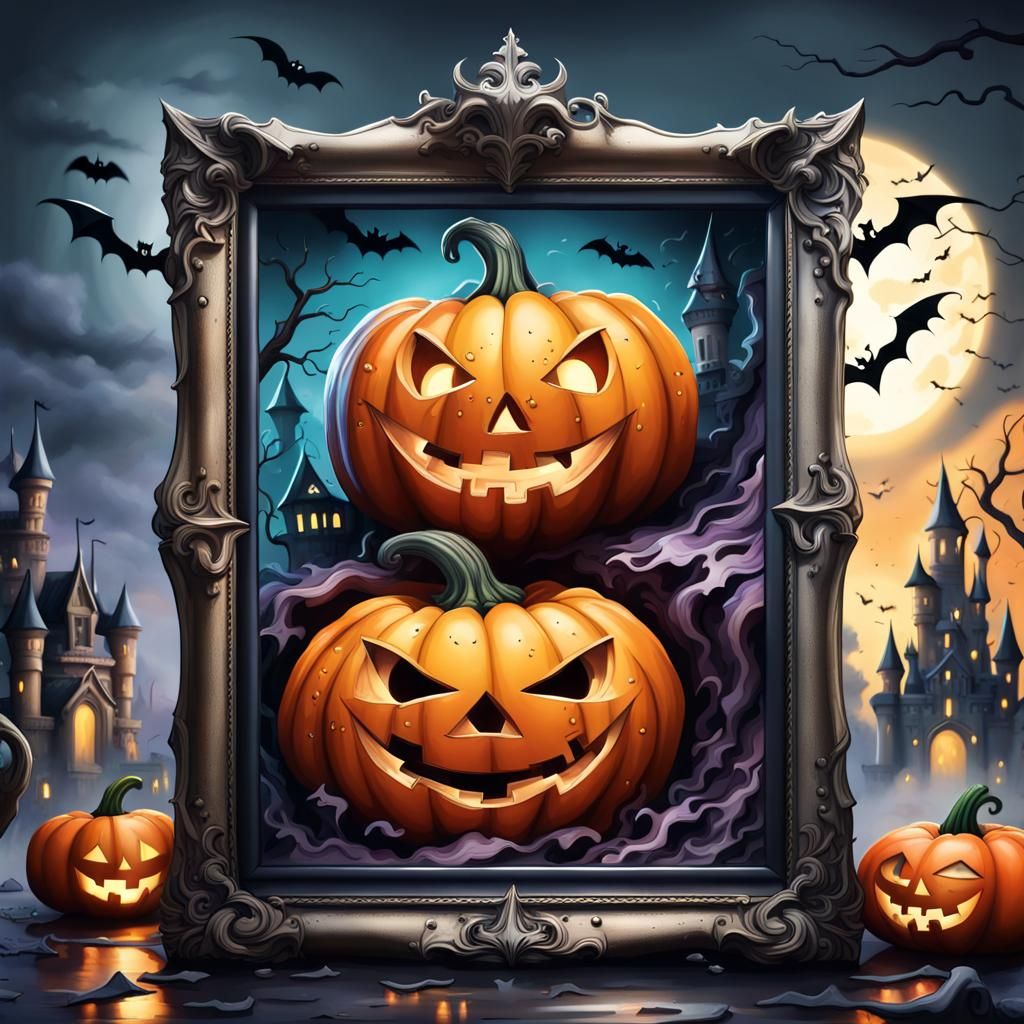 Halloween Illustration with Pumpkin, Bat, and Ghost Castle