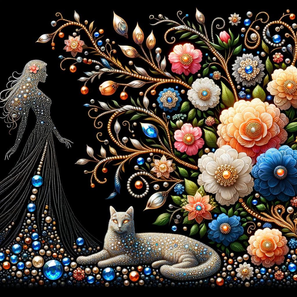 Enchanted Beaded Vines, Silent Cat, and Jeweled Lady Silhoue...