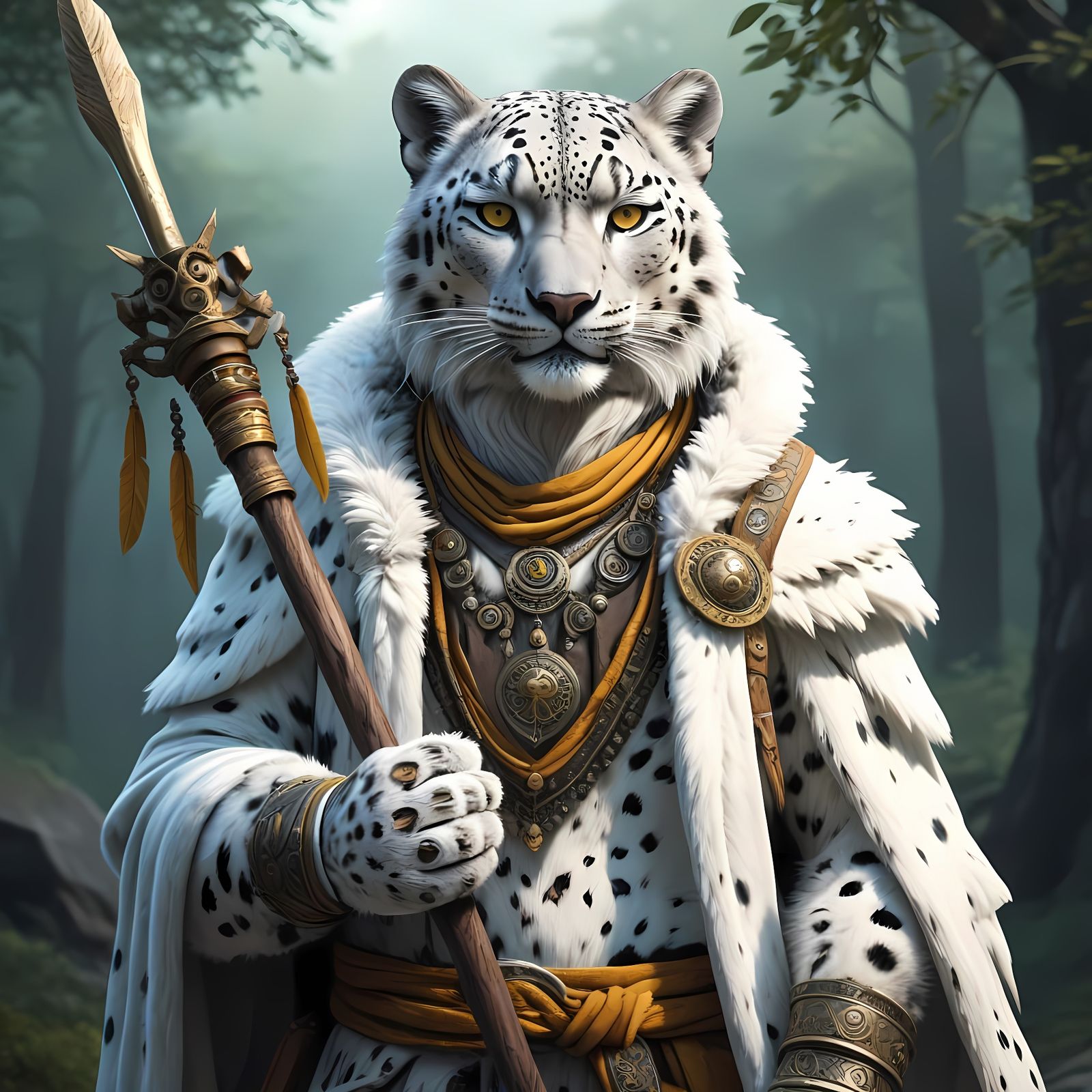 Manga-Style Snow Leopard Shaman in Traditional Attire