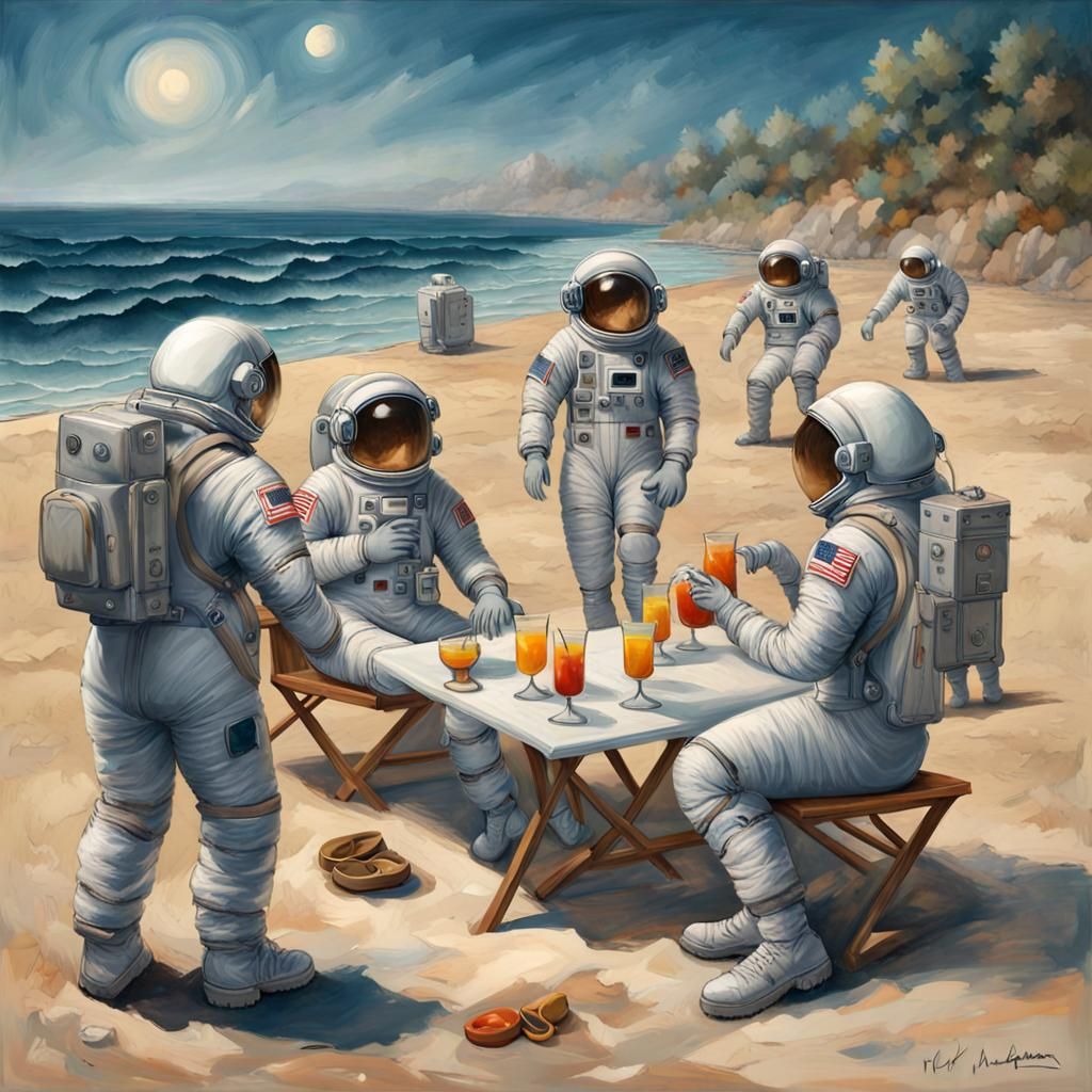 Astronauts Relaxing on Beach in Gloomy Fantasy Art