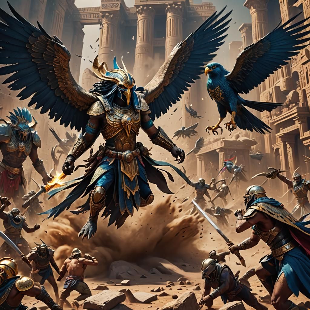 Epic Battle: Horus vs Seth in Detailed Matte Painting