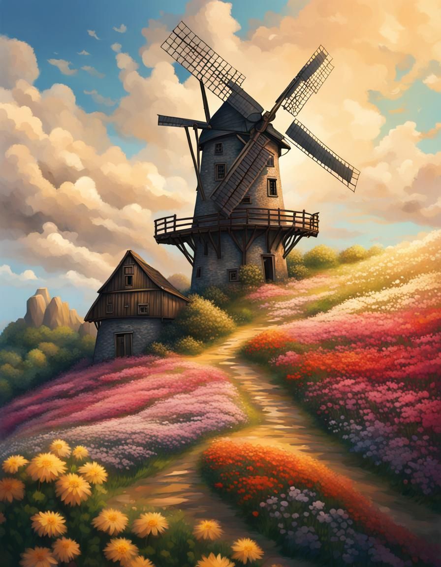 Hyperrealistic Windmill on a Floral Hillside